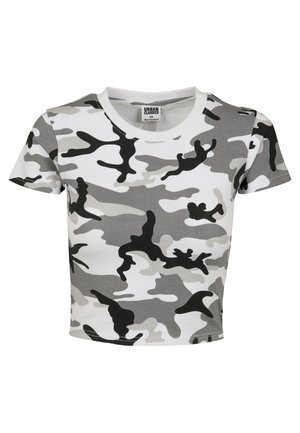 Korte mouw cropped top in een camouflerend patroon van grijs, wit en zwart. Gemaakt van zachte stof met een ronde halslijn en een aansluitend ontwerp.
