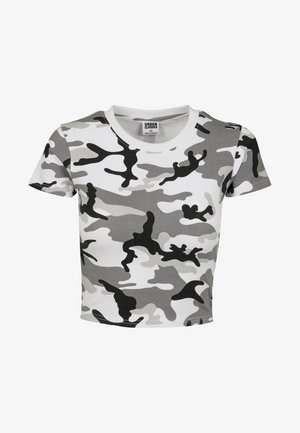 Crop top à manches courtes en motif camouflage gris, blanc et noir. Confectionné dans un tissu doux avec un col rond et une coupe ajustée.