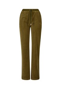Olijfgroene sweatpants van zachte velours. Kenmerkt een elastische tailleband met trekkoord, rechte pijpen en subtiele logo borduring.