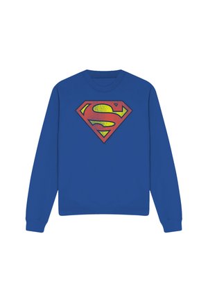 Blue long-sleeve sweatshirt with a large distressed red and yellow Superman logo on the chest, crew neck collar, and ribbed cuffs and hem.