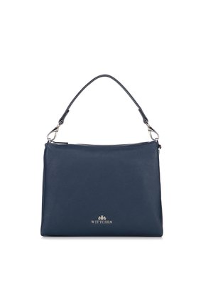 Donkerblauwe leren handtas met een enkele gebogen handgreep, zilveren metalen sluitingen en het "WITTCHEN" logo op het midden van de voorkant.