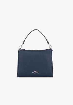 Sac à main en cuir bleu marine avec une seule poignée incurvée, fermoirs en métal argenté et logo "WITTCHEN" au centre avant.