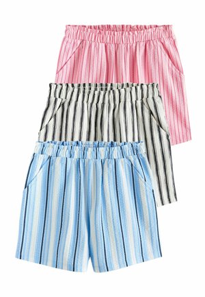 Kolm paari elastse vöökohaga lühikesi pükse küljetaskutega, triibulise mustriga; värvid on roosa, must-valge ja sinine-valge.