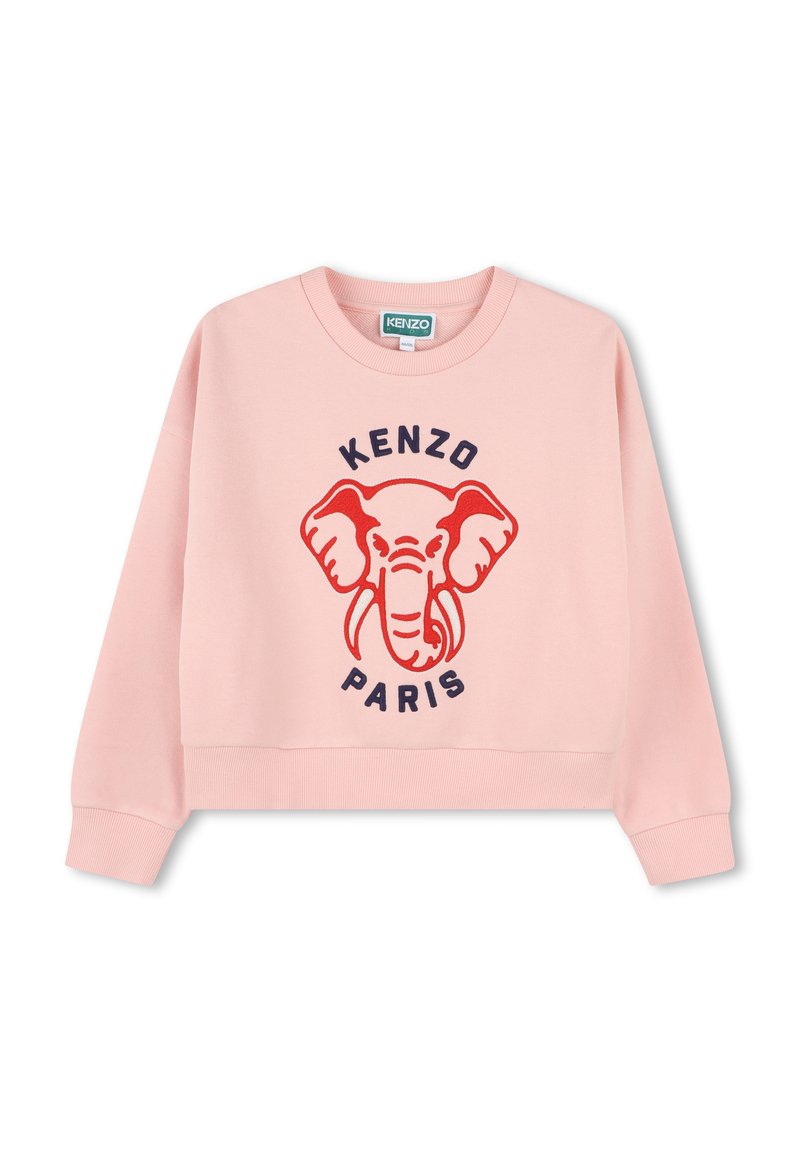 Sweatshirt rose avec un graphique d'éléphant en rouge et bleu marine, avec le texte "KENZO PARIS" en dessous. Matière douce avec des poignets côtelés.