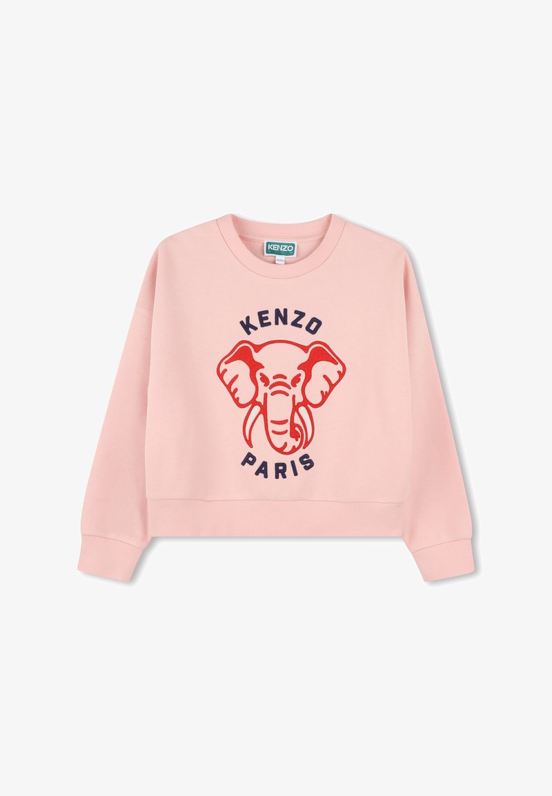 Sweatshirt rose avec un graphique d'éléphant en rouge et bleu marine, avec le texte "KENZO PARIS" en dessous. Matière douce avec des poignets côtelés.