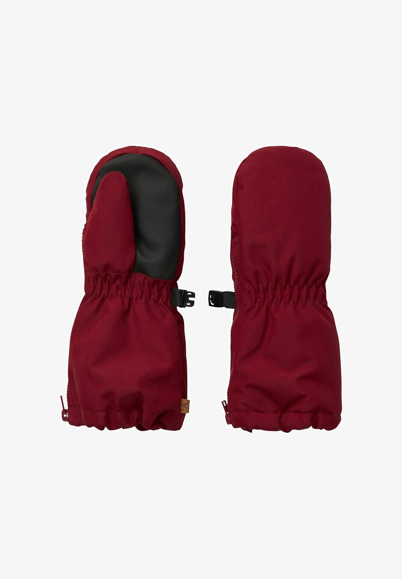 Par dvojica crvenih zimskih rukavica s crnim teksturiranim gripom na dlanovima i prilagodljivim zapešćem, dizajniranim za zaštitu od hladnog vremena.