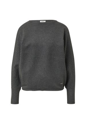Ciemnoszary sweter z prążkowanego dzianiny z balonowymi rękawami i szerokimi mankietami, z małą prostokątną metalową metką marki blisko wąskiego dołu.
