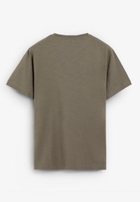 Plain olive green short-sleeve t-shirt laid flat showing the back side with a crew neckline on a white background.