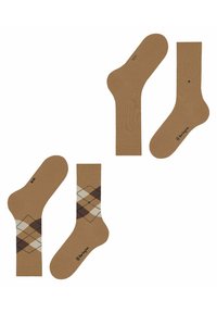 Calzini in cotone marrone con motivo argyle nei toni beige e marrone scuro. Texture liscia, bordo rigato e marchio sulla suola.