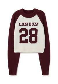 Burgunderfarbenes und cremefarbenes, gekürztes Sweatshirt mit Raglanärmeln. Auf der Vorderseite ist "LONDON" in dunkelrot und die Zahl "28" abgedruckt. Mit gerippten Bündchen und Saum.