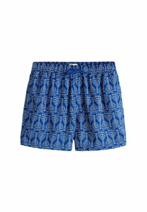 Blaue Schwimmshorts mit weißem, abstraktem geometrischem Muster und elastischem Bund mit blauem Kordelzug.