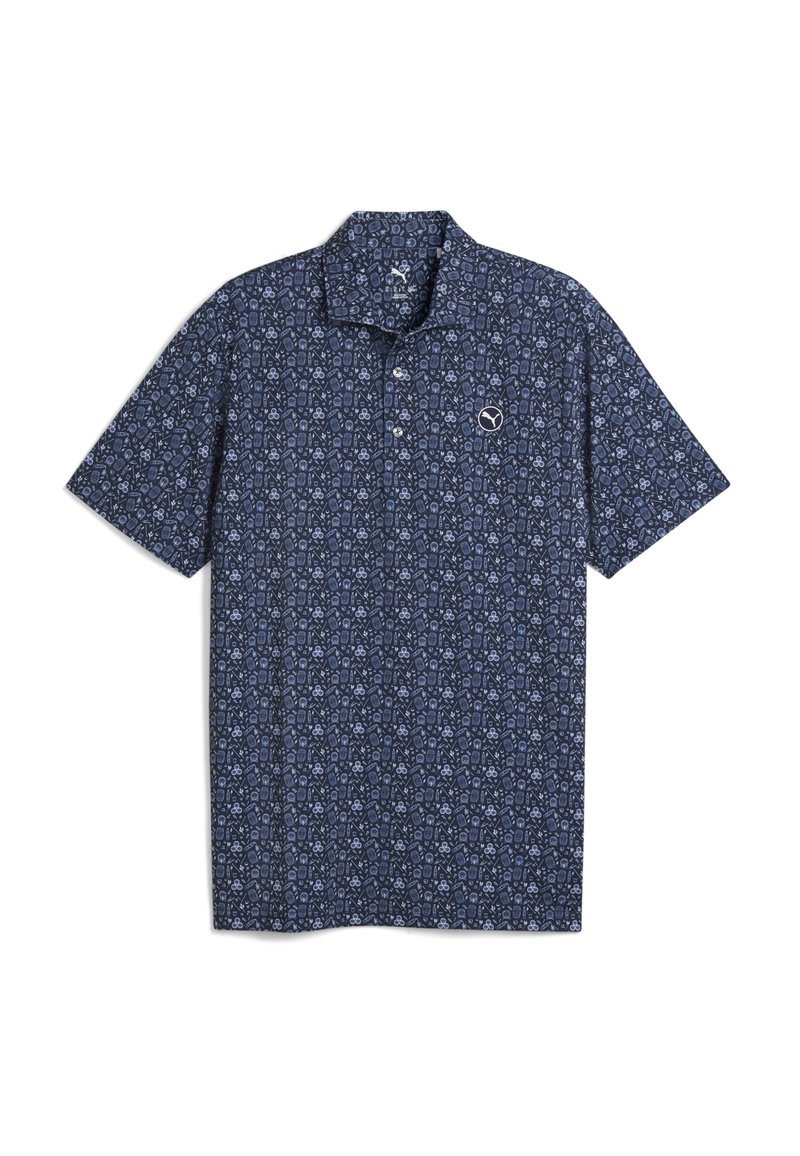 Korte mouwen polo shirt in marineblauw met een geometrisch patroon. Voorzien van een kraag en een drieknoopsluiting. Logo op de linkerborst.
