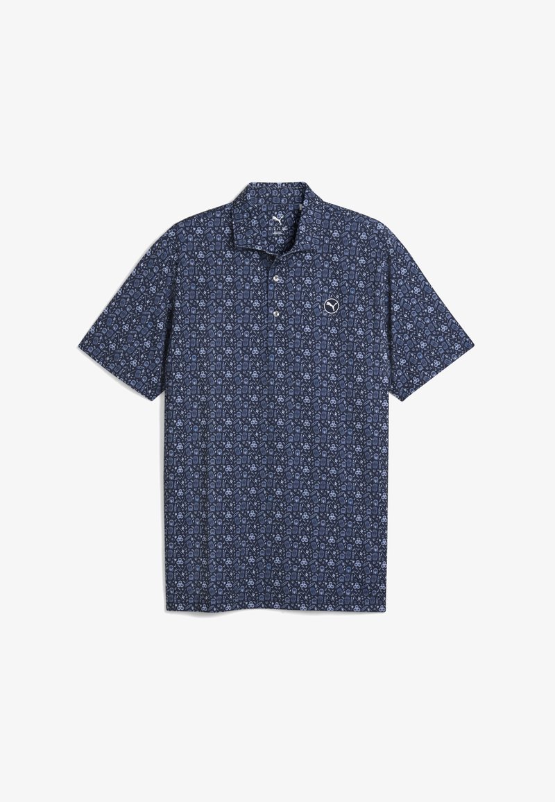 Polo a maniche corte di colore blu navy con un motivo geometrico. Presenta un colletto e una patta con tre bottoni. Logo sul lato sinistro del petto.