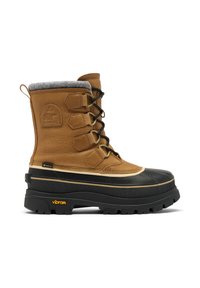 Brun läderstövel med grå filtkrage, svart gummisula, guldfärgad hårdvara och Vibram-märkning. Höggrepps slitbana. Vattentålig design.