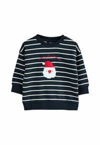 Granatowy sweter w paski z długimi rękawami i okrągłym dekoltem. Zdobi go naszywka biały wygląd Świętego Mikołaja oraz czerwony haft z napisem "Wesołych Świąt".