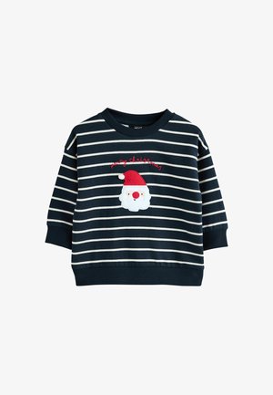 Marine gestreifter Sweatshirt mit langen Ärmeln und Rundhalsausschnitt. Mit einer weißen Weihnachtsmann-Gesicht-Applikation und rotem "Frohe Weihnachten"-Stickerei.