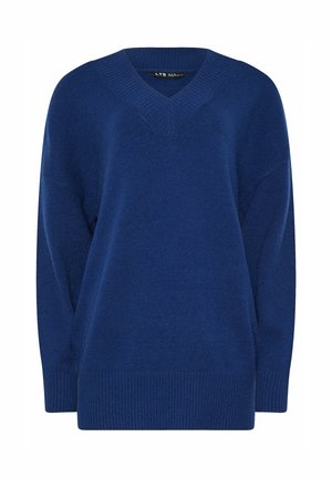 V-pääntie, ylisuurikokoinen sininen neulepusero, jossa on ribbaus hihansuissa ja helmassa. Pehmeä rakenne, pitkät hihat ja rento malli. Sopii arkikäyttöön.