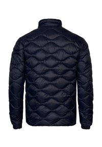 Marineblaue Steppjacke mit einem gestepp ten Muster, hoch geschnittenem Kragen und elastischen Bündchen, hergestellt aus glänzendem, leichtem Material.