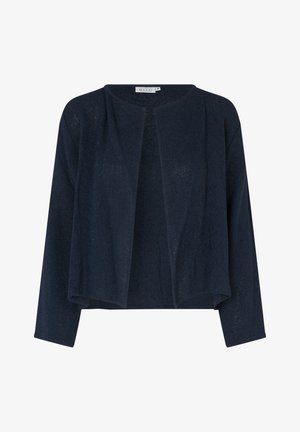 Marineblå strikket cardigan med åben front, brede ærmer og en let tekstur. Har rund halsudskæring og et afslappet pasformdesign.