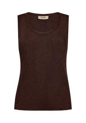 Top sin mangas marrón hecho de tejido acanalado, con un escote redondo y un dobladillo con ondas. La etiqueta dice "MOS MOSH."