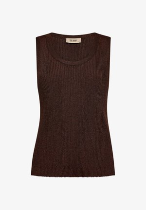 Brauner ärmelloser Oberteil aus geripptem Stoff, mit rundem Ausschnitt und gewelltem Saum. Das Etikett trägt die Aufschrift "MOS MOSH."