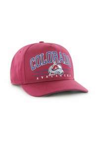Weinrote Baseballmütze mit blauer Stickerei "COLORADO" und "AVALANCHE". Gebogener Schirm, aus Baumwolle, strukturiertes Design.