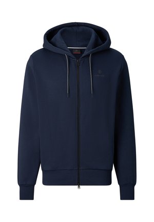 Marineblauwe hoodie met ritssluiting, trekkoorden, geribde boorden en zoom, en een klein logo op de linkerborst.