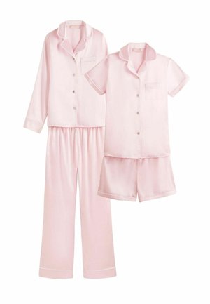 Rosa Satin-Pyjama-Set bestehend aus einem langärmligen, knöpfbaren Oberteil mit Tasche, passenden Hosen und einem kurzärmligen, knöpfbaren Oberteil mit Shorts.