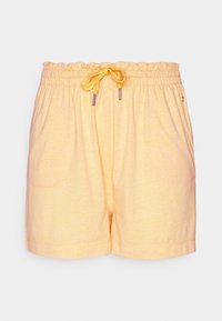 Pantaloni corti in cotone giallo chiaro, morbidi e leggeri, con vita elastica, coulisse regolabile e due tasche laterali. Texture liscia, design casual.