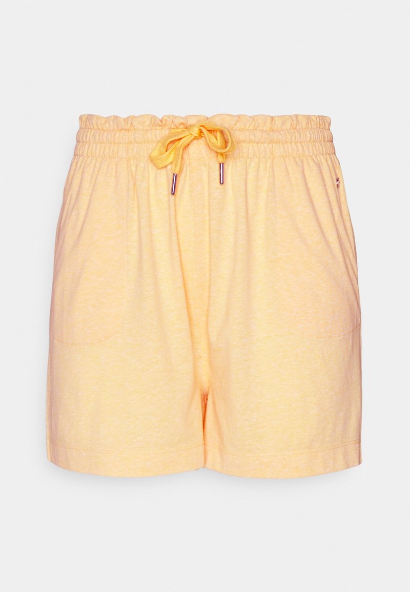 Pantaloni corti in cotone giallo chiaro, morbidi e leggeri, con vita elastica, coulisse regolabile e due tasche laterali. Texture liscia, design casual.