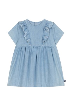 Abito in cotone azzurro chiaro con maniche corte, scollatura arricciata e dettagli ricamati a forma di cuore. Parte inferiore svasata per una vestibilità comoda.