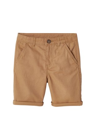 Light brown casual shorts with front pockets, belt loops, button closure, and rolled-up hems.