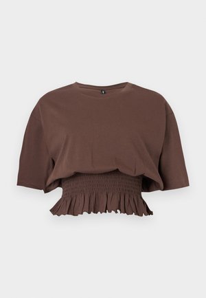 Brun kortærmet crop top med rund hals og elastisk rynket talje med flæsekant.