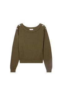 Olive green cropped sweater with a round neck, ribbed cuffs, and decorative silver buttons on the shoulder. Soft texture, casual design.