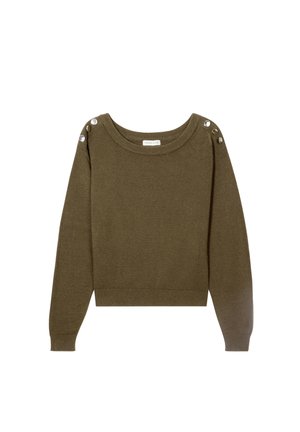 Olijfgroen cropped sweater met een ronde hals, ribgebreide manchetten en decoratieve zilveren knopen op de schouder. Zachte textuur, casual ontwerp.
