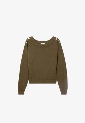 Olivgrüner, kurzer Pullover mit Rundhalsausschnitt, gerippten Bündchen und dekorativen silbernen Knöpfen an der Schulter. Weiche Textur, lässiges Design.