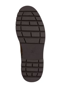 Semelle de chaussure en caoutchouc noir avec une surface texturée, dotée d'un motif de semelle pour l'adhérence et marquage de taille "37" au fond.