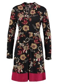 Černé šaty s dlouhým rukávem a květinovým vzorem v červené, béžové a zelené barvě. Mají límečkový výstřih a kontrastní bordó lem. Měkká látka.