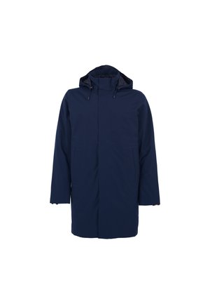 Námornícky vodoodolný parka kabát s odnímateľnou kapucňou, dvoma prednými vreckami, rovnom strihom a kontrastnými detailmi vnútorného podšívky.