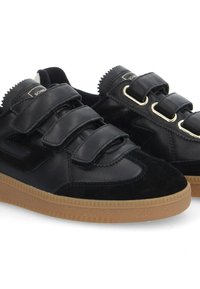 Black sneakers made of leather and suede with three Velcro straps and a gum rubber outsole; features gold-tone hardware accents.