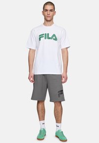 Camiseta blanca con logo verde de FILA, pantalones cortos grises con logo lateral, zapatillas verdes y calcetines blancos con la marca FILA. Ropa deportiva casual.