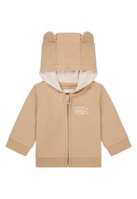 Tan Zip-Hoodie mit Bärenohren, weicher Innenfutter, gerippten Bündchen und Kängurutaschen. Mit dem Schriftzug "Du bist so süß".
