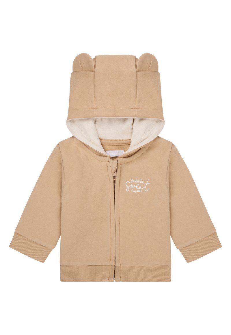 Tan Zip-Hoodie mit Bärenohren, weicher Innenfutter, gerippten Bündchen und Kängurutaschen. Mit dem Schriftzug "Du bist so süß".