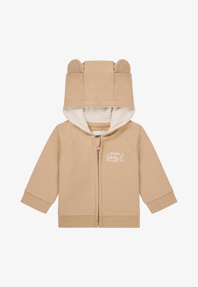 Tan zip-up hoodie met berenoren, zachte binnenvoering, geribbelde manchetten en kangoeroezakken. Bevat de tekst "Je bent zo lief".