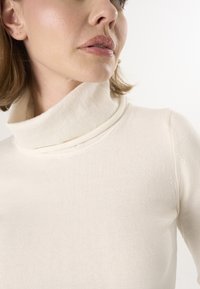 Pull à col roulé couleur crème en tissu doux et texturé. Il présente un col haut replié et un ajustement confortable avec des détails côtelés.