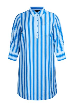 Blå- och vitrandig skjortklänning med krage, knappknäppning framtill, bröstficka och trekvartsärmar. Mjukt, lätt tyg.