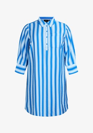 Sinine ja valge triibuline särkkleit kraega kaeluse, ees nööbitava, rinnatasku ja kolmeveerandvarrukatega. Sile, kerge kangas.