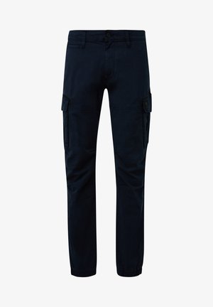 Pantalons cargo en bleu marine avec une coupe slim, dotés de poches latérales, d'une fermeture par bouton et de poignets élastiques. Fabriqués dans un tissu lisse et durable.