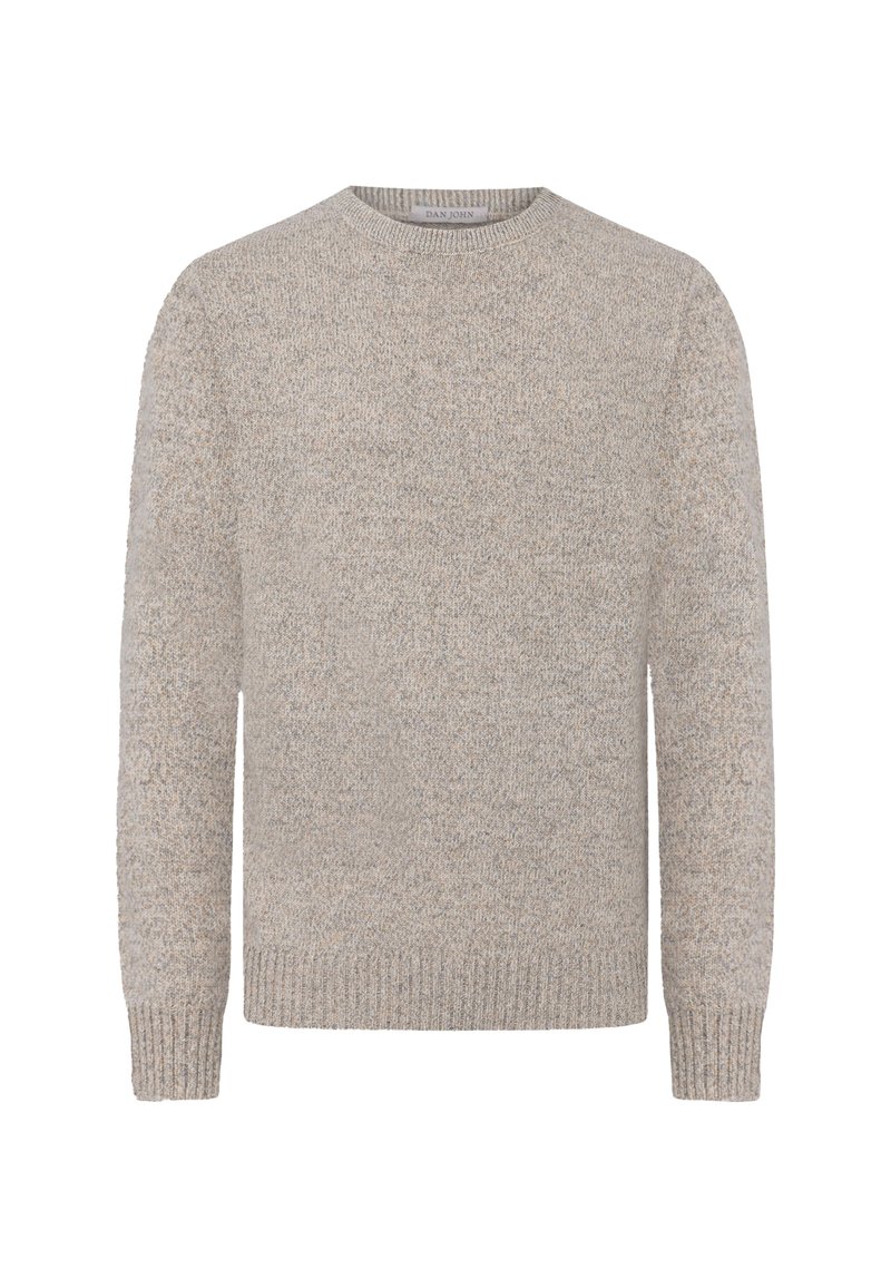 Hellgrauer Pullover aus weichem Strickstoff, mit Rundhalsausschnitt, gerippten Bündchen und einer strukturierten Oberfläche mit subtilen Farbvariationen.