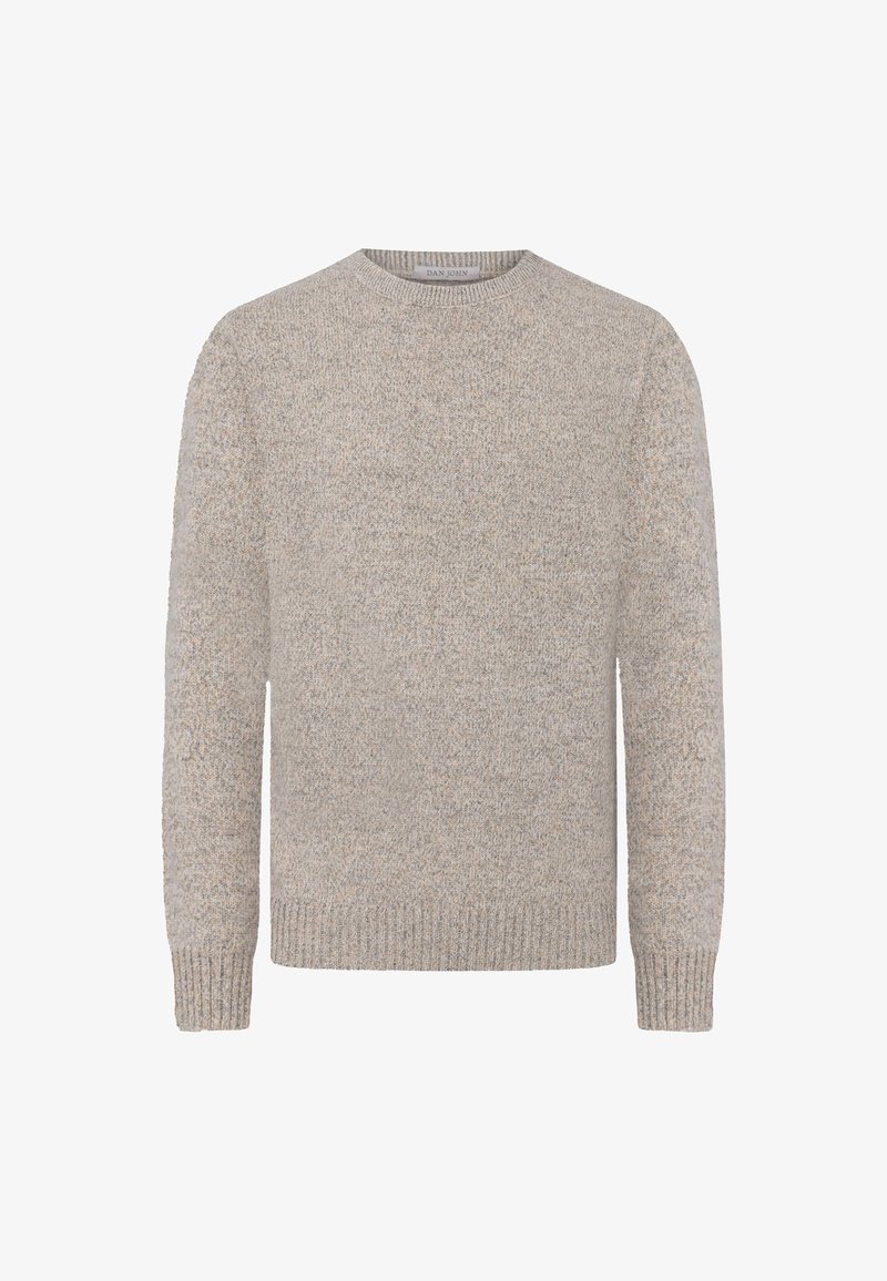 Light gray sweater made of soft knitted fabric, featuring a crew neckline, ribbed cuffs, and a textured finish with subtle color variations.
